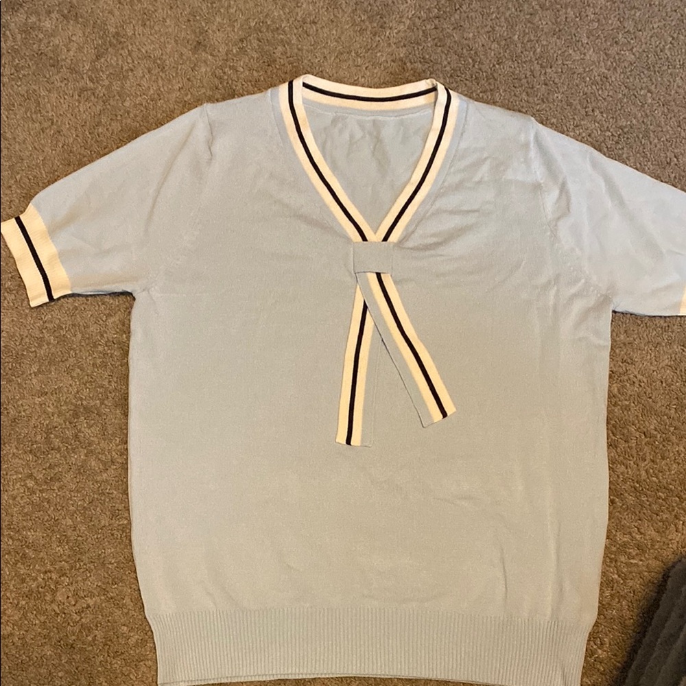 Brand new Light Blue Preppy Knit Tie-Neck Top | Soft & Summery